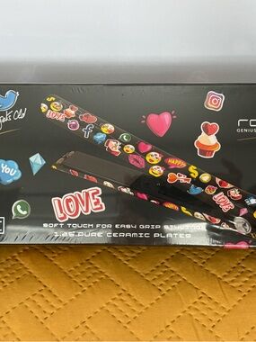 Emoji Print Ceramic Flat Iron Hair Straightener - Black with Multicolor Stickers